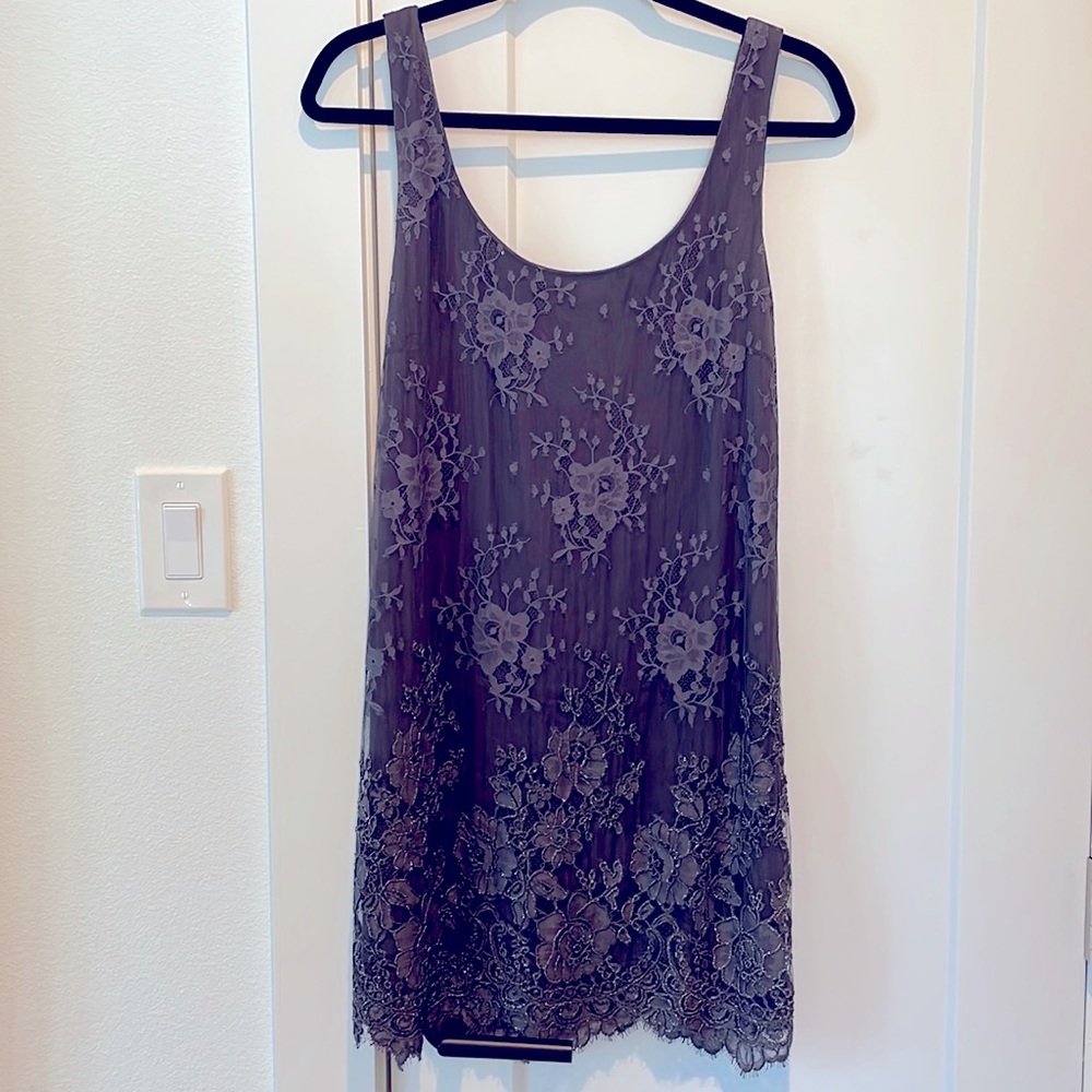 Theory Grey/Pewter Lace Beaded Cocktail Dress Size 8
